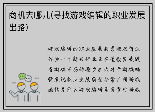 商机去哪儿(寻找游戏编辑的职业发展出路)